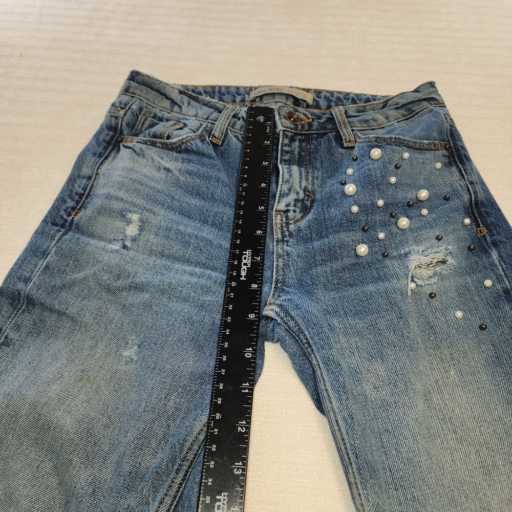 Zara‎ Basic Z1975 Distressed Pearl Embellished Straight Leg Jeans Blue Womens 00 - Picture 8 of 11